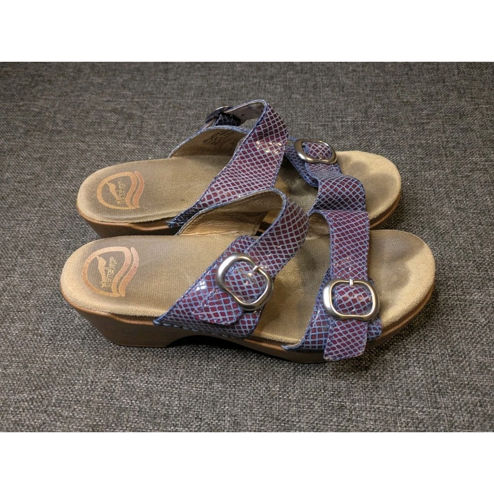 Dansko Sophie Blue Snake Print Sandals Size 37 (US 6.5-7) Leather Strap Shoes